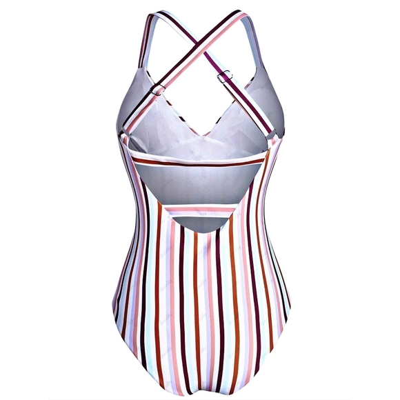 Striped ✦ Criss-Cross One Piece Swimsuit ✦ Scoop Neck + Padded Open Back S NWT - Picture 3 of 11